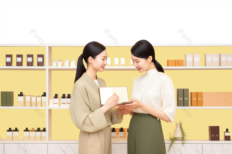 长发美女向销售员咨询保养护理问题,高清,摄影图,摄影图片,图片大全,摄影图免费下载